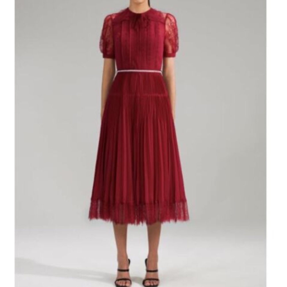 Only worn once SELF PORTRAIT LACE TRIM PLEATED MIDI DRESS in burgundy - size 2!